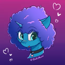 Size: 800x800 | Tagged: safe, artist:soulfulmirror, derpibooru import, oc, oc:cyanus blues, unicorn, afro, bust, choker, female, gradient background, horn, portrait, scar, solo, tongue out