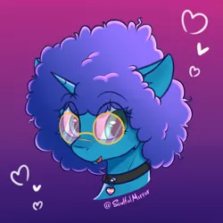 Size: 800x800 | Tagged: safe, alternate version, artist:soulfulmirror, derpibooru import, oc, oc:cyanus blues, unicorn, afro, bust, choker, female, glasses, gradient background, horn, portrait, scar, solo, tongue out