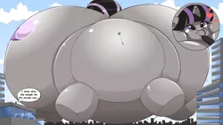 Size: 3840x2160 | Tagged: suggestive, artist:drgnalexia, derpibooru import, oc, oc:magna-save, unofficial characters only, pony, unicorn, air inflation, air tank, belly, big belly, blimp, building, butt, dialogue, floating, helium inflation, hose, huge belly, huge butt, impossibly large belly, impossibly large butt, inflated hooves, inflation, large butt, macro, parade, parade balloon, plot, puffy cheeks, solo, thighs, thunder thighs, tied down