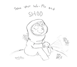 Size: 1089x951 | Tagged: safe, artist:anonymous, artist:happyartfag, derpibooru import, cozy glow, insect, pegasus, pony, /mlp/, 4chan, coronavirus, covid-19, dr. seuss, drawthread, eyes closed, hazmat suit, monochrome, solo, spray can, text