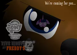 Size: 1517x1074 | Tagged: animatronic, artist:nigel5469, crossover, derpibooru import, eye reflection, fanfic, fanfic art, fanfic cover, female, five nights at freddy's, floppy ears, freddy fazbear, mare, reflection, safe, scared, twilight sparkle