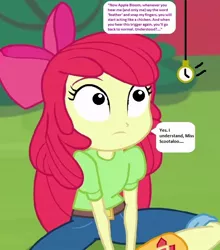 Size: 592x672 | Tagged: safe, derpibooru import, edit, edited screencap, editor:thomasfan45, screencap, apple bloom, equestria girls, equestria girls series, holidays unwrapped, spoiler:eqg series (season 2), 1000 hours in ms paint, adorabloom, apple bloom's bow, belt, boots, bow, clothes, cropped, cute, description is relevant, grass, hair bow, hypno eyes, hypnosis, hypnotized, implied hypno-chicken, implied scootaloo, jeans, looking up, mind control, offscreen character, outdoors, pants, pendulum swing, pocket watch, post-hypnotic trigger, request, shirt, shoes, sitting, solo, story included, sweet apple acres, the cider louse fools, trance