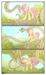 Size: 3236x5236 | Tagged: safe, artist:fluffyxai, derpibooru import, fluttershy, oc, oc:anika, snake, blushing, comic, forked tongue, hypnosis, sleepwalking, smiling, tongue out