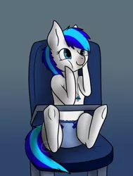 Size: 754x1000 | Tagged: safe, artist:luna midnight kurai, derpibooru import, oc, oc:hooklined, earth pony, diaper, female, filly, high chair, highchair, not shining armor, not vinyl scratch, pacifier