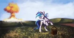 Size: 700x360 | Tagged: safe, artist:hagallaz, derpibooru import, oc, oc:hooklined, unofficial characters only, earth pony, basket, blue sky, flower, flower picking, nuclear explosion, scenery, solo, surprised, this will not end well