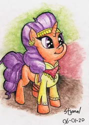 Size: 1218x1715 | Tagged: safe, artist:stjonal, derpibooru import, saffron masala, pony, unicorn, adorkable, clothes, colorful background, curly hair, curly mane, cute, dork, ear piercing, earring, female, headband, jewelry, mare, orange coat, piercing, purple eyes, saffronbetes, scarf, shirt, signature, simple background, smiling, standing, traditional art, watercolor painting
