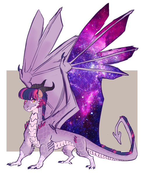 Size: 1280x1556 | Tagged: artist:earthsong9405, derpibooru import, dragon, dragon au, dragoness, dragonified, fanfic:azure edge, female, horns, quadrupedal, safe, simple background, solo, species swap, spread wings, starry wings, twilidragon, twilight sparkle, white background, wing claws, wings