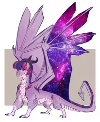 Size: 1280x1556 | Tagged: artist:earthsong9405, derpibooru import, dragon, dragon au, dragoness, dragonified, fanfic:azure edge, female, horns, quadrupedal, safe, simple background, solo, species swap, spread wings, starry wings, twilidragon, twilight sparkle, white background, wing claws, wings