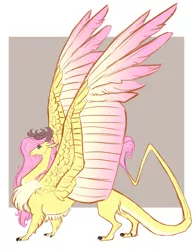 Size: 1280x1659 | Tagged: antlers, artist:earthsong9405, derpibooru import, dragon, dragon au, dragoness, dragonified, fanfic:azure edge, feathered dragon, female, flutterdragon, fluttershy, quadrupedal, safe, simple background, solo, species swap, spread wings, white background, wings