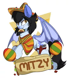 Size: 1864x2070 | Tagged: safe, artist:beardie, derpibooru import, oc, oc:mitzy, unofficial characters only, bat pony, pony, badge, bat pony oc, bat wings, burrito, con badge, female, food, gun, maracas, mare, musical instrument, sombrero, weapon, wings