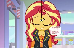 Size: 899x578 | Tagged: safe, derpibooru import, edit, edited screencap, editor:thomasfan45, screencap, sunset shimmer, a fine line, equestria girls, equestria girls series, 1000 hours in ms paint, brainwashing, canterlot mall, clothes, cute, cutie mark, cutie mark on clothes, description is relevant, female, geode of empathy, hypnosis, hypnotized, implied flash sentry, implied flashimmer, implied shipping, implied straight, jacket, leather jacket, magical geodes, male, memory alteration, offscreen character, offscreen male, pendulum swing, pocket watch, shimmerbetes, shirt, sleeping, smiling, solo, speech bubble, story included