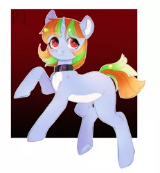 Size: 1997x2160 | Tagged: safe, artist:rizzych, derpibooru import, oc, oc:cho ren sha, unofficial characters only, unicorn, collar, horn, jumping, red eyes, simple background, solo, unicorn oc