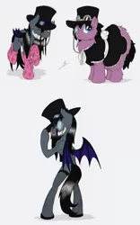 Size: 679x1090 | Tagged: safe, artist:ravenpuff, deleted from derpibooru, derpibooru import, oc, oc:puffy, oc:smiley, unofficial characters only, earth pony, pony, bipedal, chest fluff, chubby, clothes, crossdressing, dress, earth pony oc, fluffy, freckles, grin, hat, maid, monocle, pose, raised hoof, sharp teeth, smiling, socks, teeth, top hat