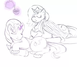 Size: 1089x951 | Tagged: safe, artist:anonymous, artist:happyartfag, derpibooru import, princess luna, starlight glimmer, alicorn, pony, unicorn, /mlp/, 4chan, drawthread, duo, eyes closed, food, levitation, magic, monochrome, ponyloaf, prone, simple background, tea, telekinesis, white background