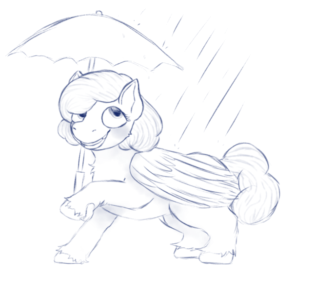 Size: 1089x951 | Tagged: safe, artist:anonymous, derpibooru import, oc, oc:raincloud drops, unofficial characters only, pegasus, pony, /mlp/, 4chan, drawthread, lineart, monochrome, rain, raised hoof, solo, umbrella, unshorn fetlocks