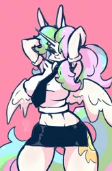 Size: 524x800 | Tagged: alicorn, alternate hairstyle, anthro, arm behind head, artist:kirinit, beautisexy, blouse, breasts, busty princess celestia, clothes, cutie mark, derpibooru import, female, horn, miniskirt, necktie, princess celestia, sexy, shirt, side slit, signature, simple background, sketch, skirt, solo, solo female, standing, suggestive, thighs, tying hair, wings