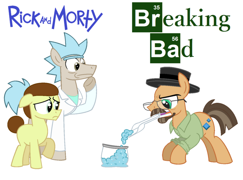 Size: 1376x1024 | Tagged: safe, artist:vgc2001, derpibooru import, heisenbuck, pony morty, pony rick, ponified, earth pony, pony, grannies gone wild, beard, breaking bad, clothes, colt, crossover, drugs, erlenmeyer flask, facial hair, glasses, hat, heisenberg, lab coat, logo, male, meth, morty smith, reference, rick and morty, rick sanchez, stallion, walter white