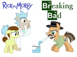 Size: 1376x1024 | Tagged: safe, artist:vgc2001, derpibooru import, heisenbuck, pony morty, pony rick, ponified, earth pony, pony, grannies gone wild, beard, breaking bad, clothes, colt, crossover, drugs, erlenmeyer flask, facial hair, glasses, hat, heisenberg, lab coat, logo, male, meth, morty smith, reference, rick and morty, rick sanchez, stallion, walter white