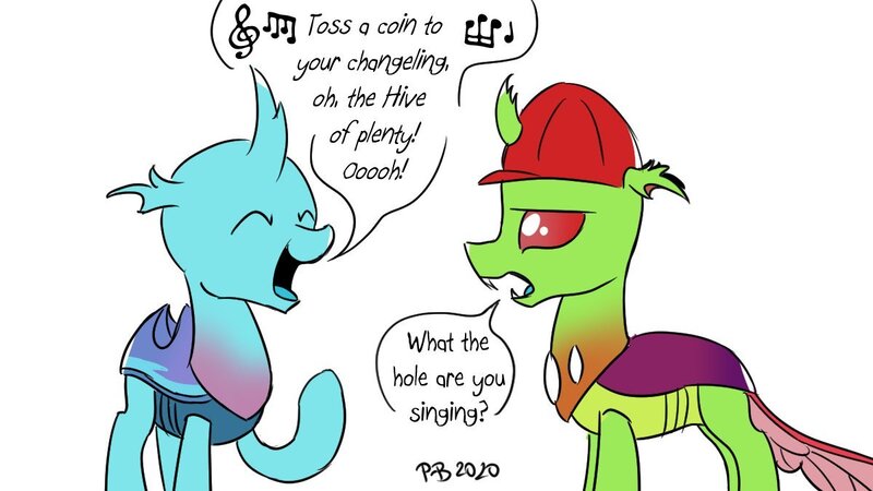 Size: 1200x675 | Tagged: artist:pony-berserker, changedling, changeling, derpibooru import, i can't believe it's not idw, oc, oc:berzie, oc:dopple, safe, singing, sketch, song, speech bubble, the witcher, witcher