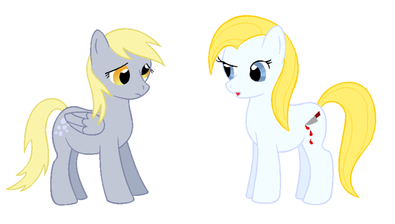 Size: 943x534 | Tagged: safe, artist:chili19, derpibooru import, derpy hooves, oc, oc:bloodknife, earth pony, pegasus, pony, blood, duo, female, knife, mare, simple background, transparent background