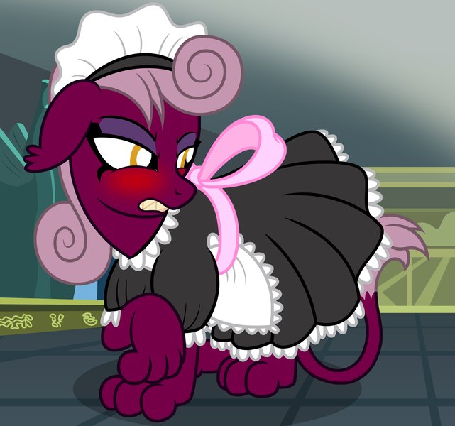 Size: 2118x1984 | Tagged: safe, artist:badumsquish, derpibooru import, sphinx (character), sphinx, accessory swap, angry, apron, blushing, bow, clothes, cute, dress, dress up, embarrassed, female, floppy ears, french maid, frown, glare, gritted teeth, headwear, looking away, maid, pyramid, raised hoof, sharp teeth, solo, somnambula (location), teeth