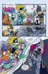 Size: 719x1112 | Tagged: safe, artist:lytlethelemur, derpibooru import, oc, oc:champion, oc:gimbal lock, oc:moeagami, oc:swift wing, oc:zjin, earth pony, pegasus, pony, spider, unicorn, zebra, comic:the ponies must be crazy, clothes, comic, dialogue, eyepatch, female, fire, headdress, male, mare, roller coaster, smoke, speech bubble, text, zebra oc