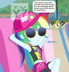 Size: 529x550 | Tagged: safe, derpibooru import, edit, edited screencap, editor:thomasfan45, screencap, rainbow dash, equestria girls, equestria girls series, lost and found, 1000 hours in ms paint, armpits, bare arms, beach, beach chair, belly button, bikini, cap, clothes, cropped, cute, description is relevant, eyes closed, female, geode of super speed, hat, hypnosis, hypnotized, implied shipping, implied zephyr breeze, legs, magical geodes, male, midriff, offscreen character, offscreen male, pendulum swing, pocket watch, relaxing, request, sand, shorts, sleeping, smiling, solo, speech bubble, story included, sun hat, sunglasses, swimsuit