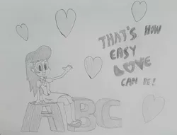 Size: 1345x1028 | Tagged: safe, artist:octascratchrock, derpibooru import, octavia melody, equestria girls, abc, grayscale, heart, jackson 5, looking at you, love, lyrics, monochrome, music, solo, text, traditional art