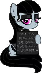 Size: 749x1288 | Tagged: safe, artist:lightningbolt, derpibooru import, oc, oc:goth lass, unofficial characters only, earth pony, bags under eyes, black sclera, clothes, dyed mane, dyed tail, ear piercing, earring, eyeliner, eyeshadow, female, goth, gothic, hoof hold, implied murder, jewelry, lidded eyes, looking at you, makeup, mare, piercing, pony shaming, shirt, sign, simple background, sitting, skirt, solo, svg, .svg available, tattoo, transparent background, vector