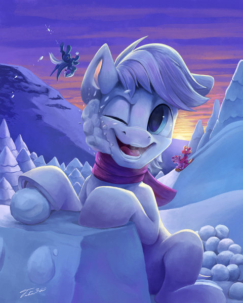 Size: 2000x2500 | Tagged: safe, artist:tsitra360, derpibooru import, big macintosh, double diamond, night glider, sugar belle, earth pony, pegasus, pony, unicorn, clothes, cute, female, happy, male, mare, one eye closed, open mouth, scarf, scenery, snow, snowball, snowball fight, solo focus, stallion, underhoof