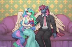 Size: 1356x900 | Tagged: safe, artist:margony, derpibooru import, princess celestia, oc, alicorn, anthro, unicorn, anthro oc, baby, baby pony, beautiful, breasts, busty princess celestia, canon x oc, clothes, dress, ethereal mane, family, family photo, father and child, father and daughter, female, flowing mane, handsome, hug, image, male, mother and child, mother and daughter, multicolored mane, necktie, offspring, pacifier, parent:princess celestia, parents:canon x oc, png, shipping, sleeping, straight, suit, swaddling, winghug