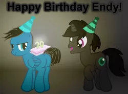 Size: 3529x2590 | Tagged: safe, artist:agkandphotomaker2000, derpibooru import, oc, oc:endy, oc:pony video maker, pegasus, pony, unicorn, birthday, birthday cake, birthday card, butt, cake, candle, food, hat, party hat