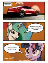 Size: 1620x2160 | Tagged: afternoon, alicorn, artist:aryatheeditor, car, comic, daily life, derpibooru import, digital art, happy, magic, magical geodes, mountain, princess celestia, road, safe, tesla, tesla roadster, twilight sparkle, twilight sparkle (alicorn), vehicle