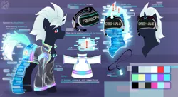 Size: 4560x2480 | Tagged: safe, artist:tigra0118, derpibooru import, oc, oc:cyber-wave, unofficial characters only, pony, unicorn, clothes, cyberpunk, ear piercing, earring, headset, helmet, jacket, jewelry, male, pendant, piercing, reference sheet, solo, stallion, virtual reality, vr headset