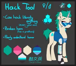 Size: 2300x2000 | Tagged: safe, artist:lambyarts, derpibooru import, oc, oc:hack tool, unofficial characters only, cyborg, cyborg pony, pony, unicorn, amputee, broken horn, chinese text, clothes, cyberpunk, ear fluff, ear piercing, earpiece, earring, female, gray background, horn, jacket, jewelry, leather jacket, mare, piercing, prosthetic horn, prosthetic limb, prosthetics, reference sheet, simple background, solo, sunglasses, tanktop, watch