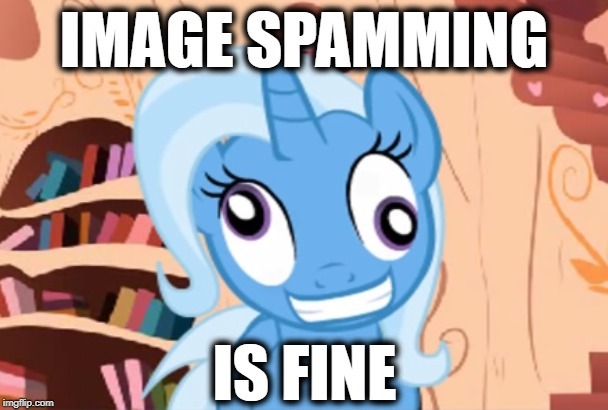 Size: 608x410 | Tagged: safe, derpibooru import, trixie, pony, unicorn, caption, derp, female, golden oaks library, image macro, imgflip, mare, meme, solo, text, trixie yells at everything, turnabout storm