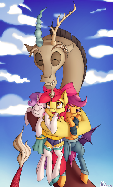 Size: 2412x4000 | Tagged: safe, artist:neko-me, derpibooru import, apple bloom, discord, scootaloo, sweetie belle, draconequus, earth pony, pegasus, semi-anthro, unicorn, apple buruma project, clothes, cloud, cute, cutie mark crusaders, discute, eyes closed, grin, happy, hug, midriff, scootaloo is not amused, smiling, sports panties, teeth, unamused