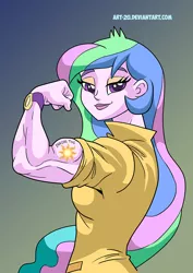 Size: 827x1169 | Tagged: safe, artist:art-2u, derpibooru import, princess celestia, equestria girls, bicep, female, flexing, looking at you, muscles, praise the sun, princess musclestia, principal celestia, principal musclestia, rosie the riveter, solo, tattoo, watch, wristwatch