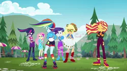 Size: 1920x1080 | Tagged: safe, derpibooru import, screencap, applejack, fluttershy, rainbow dash, rarity, sci-twi, sunset shimmer, twilight sparkle, equestria girls, equestria girls series, sunset's backstage pass!, spoiler:eqg series (season 2), applejack's hat, clothes, cowboy hat, dress, geode of fauna, geode of shielding, geode of telekinesis, glasses, hat, high heels, jacket, magical geodes, music festival outfit, pants, rainbow socks, shoes, shorts, sneakers, socks, striped socks