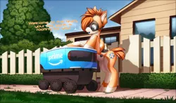 Size: 4000x2346 | Tagged: safe, artist:xn-d, derpibooru import, oc, oc:kiva, unofficial characters only, pony, robot, robot pony, cute, fence, house, sidewalk, text