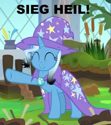 Size: 860x970 | Tagged: safe, deleted from derpibooru, derpibooru import, edit, edited screencap, screencap, trixie, pony, unicorn, a horse shoe-in, cropped, german, meme, nazi, sieg heil, solo