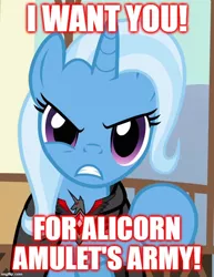 Size: 510x662 | Tagged: alicorn amulet, caption, cropped, derpibooru import, edit, edited screencap, image macro, i want you, magic duel, meme, reference, safe, screencap, text, trixie, trixie yells at everything, uncle sam