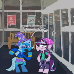 Size: 2048x2048 | Tagged: safe, artist:cate wurtz, derpibooru import, starlight glimmer, trixie, pony, semi-anthro, unicorn, beanie, bipedal, dialogue, equestria girls outfit, hat, mall, unamused