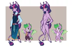 Size: 1280x828 | Tagged: safe, artist:earthsong9405, deleted from derpibooru, derpibooru import, spike, twilight sparkle, ponified, alicorn, anthro, pegasus, pony, unguligrade anthro, dragon au, fanfic:azure edge, bald face, clothes, cloven hooves, colored hooves, colored wings, colored wingtips, colt, duo, fanfic art, female, hair wrap, hand on hip, jewelry, leonine tail, male, mare, nudity, plushie, ponified spike, ring, robes, species swap, star (coat marking), tail, tail ring, unshorn fetlocks, wings