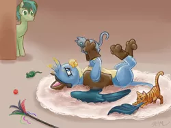 Size: 1280x960 | Tagged: safe, artist:catscratchpaper, derpibooru import, gallus, sandbar, cat, earth pony, gryphon, animal costume, cat costume, cat toy, clothes, costume, fanfic art, gallbar, gay, male, on back, rug, shipping