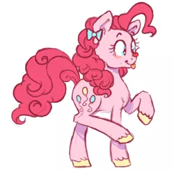 Size: 500x491 | Tagged: safe, artist:jiinglespurs, derpibooru import, pinkie pie, earth pony, pony, :p, bow, cherry, cute, diapinkes, female, food, hair bow, looking at something, mare, ponies balancing stuff on their nose, simple background, solo, tongue out, unshorn fetlocks, white background