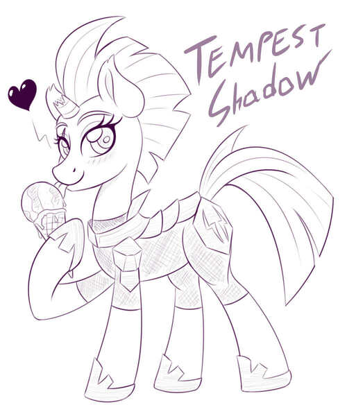 Size: 1000x1200 | Tagged: safe, artist:ziemniax, derpibooru import, tempest shadow, unicorn, clothes, cute, food, heart, ice cream, ice cream cone, sketch, solo, tempestbetes, text