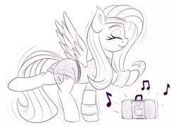 Size: 1400x1000 | Tagged: safe, artist:ziemniax, derpibooru import, fluttershy, pegasus, pony, boombox, clothes, dancing, extended trot pose, female, mare, monochrome, music, music notes, sketch, solo, sweatband