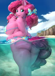 Size: 1920x2617 | Tagged: suggestive, artist:longinius, artist:vest, derpibooru import, pinkie pie, anthro, earth pony, alternate hairstyle, ass, balloonbutt, beach, big breasts, bikini, blue bra, blue swimsuit, breasts, busty pinkie pie, butt, chubby, clothes, collaboration, dock, female, huge breasts, looking at you, looking back, mare, nail polish, panties, pigtails, plump, polka dots, ribbon, solo, solo female, string bikini, swimsuit, thighs, thong, traditional art, underwater, underwear, water, wide hips