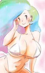 Size: 730x1169 | Tagged: artist:mrincon, big breasts, blushing, breasts, busty princess celestia, clothes, derpibooru import, female, huge breasts, human, humanized, looking at you, princess celestia, solo, solo female, string bikini, suggestive, swimsuit, thong swimsuit